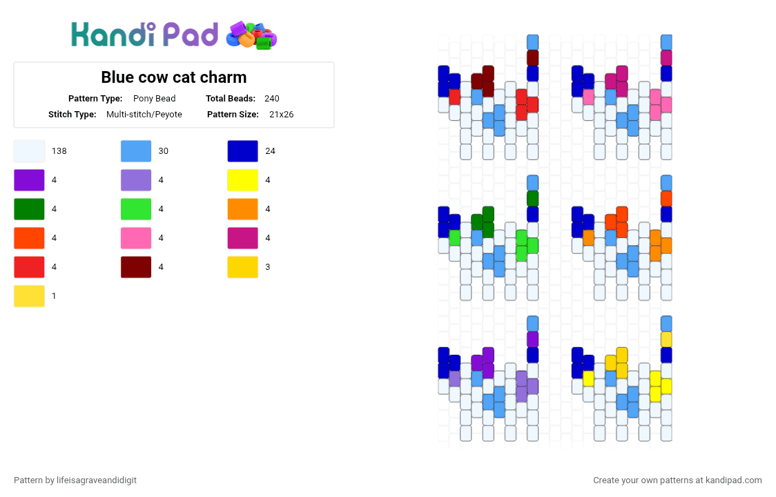 Blue cow cat charm - Pony Bead Pattern by lifeisagraveandidigit on Kandi Pad - white,purple,light blue
