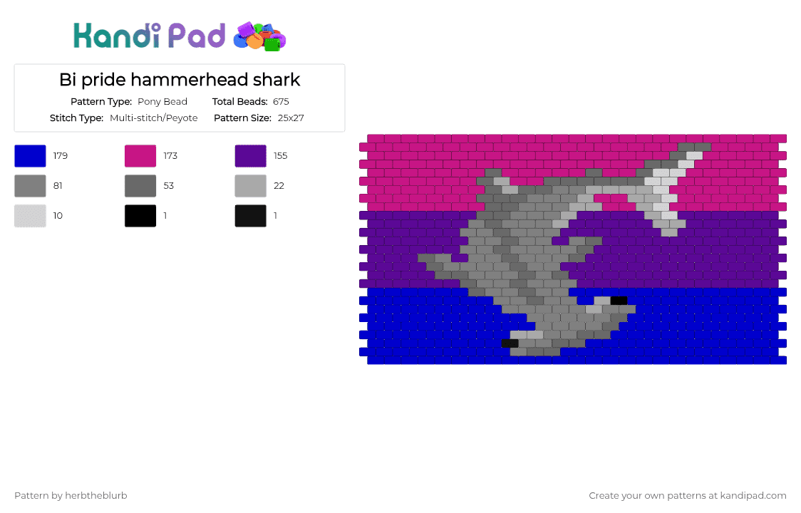 Bi pride hammerhead shark - Pony Bead Pattern by lifeisagraveandidigit on Kandi Pad - pink,purple
