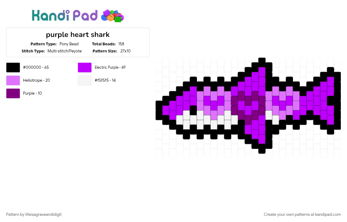 purple heart shark - Pony Bead Pattern by lifeisagraveandidigit on Kandi Pad - pink, purple