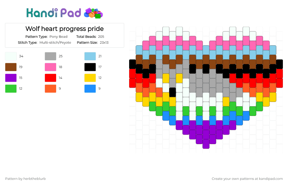 Wolf heart progress pride - Pony Bead Pattern by lifeisagraveandidigit on Kandi Pad - pink,light blue,red,beige