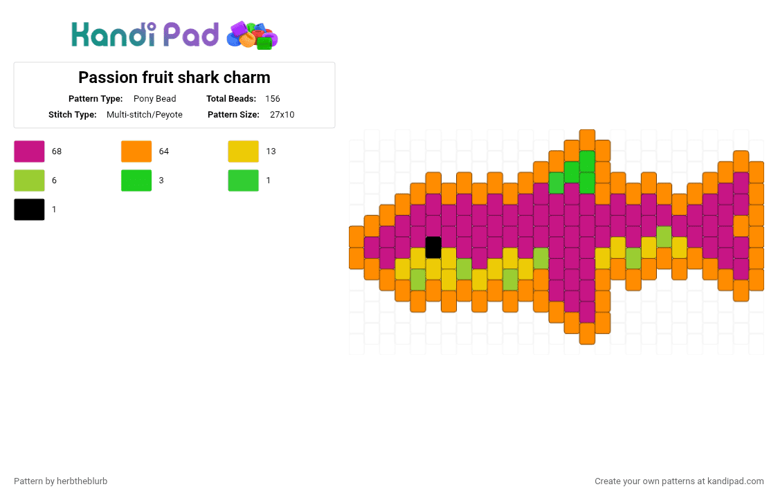 Passion fruit shark charm - Pony Bead Pattern by lifeisagraveandidigit on Kandi Pad - orange,pink