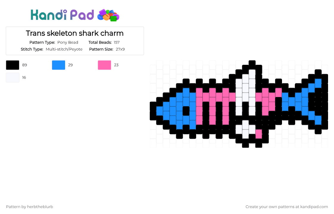 Trans skeleton shark charm - Pony Bead Pattern by lifeisagraveandidigit on Kandi Pad - black,light blue,pink