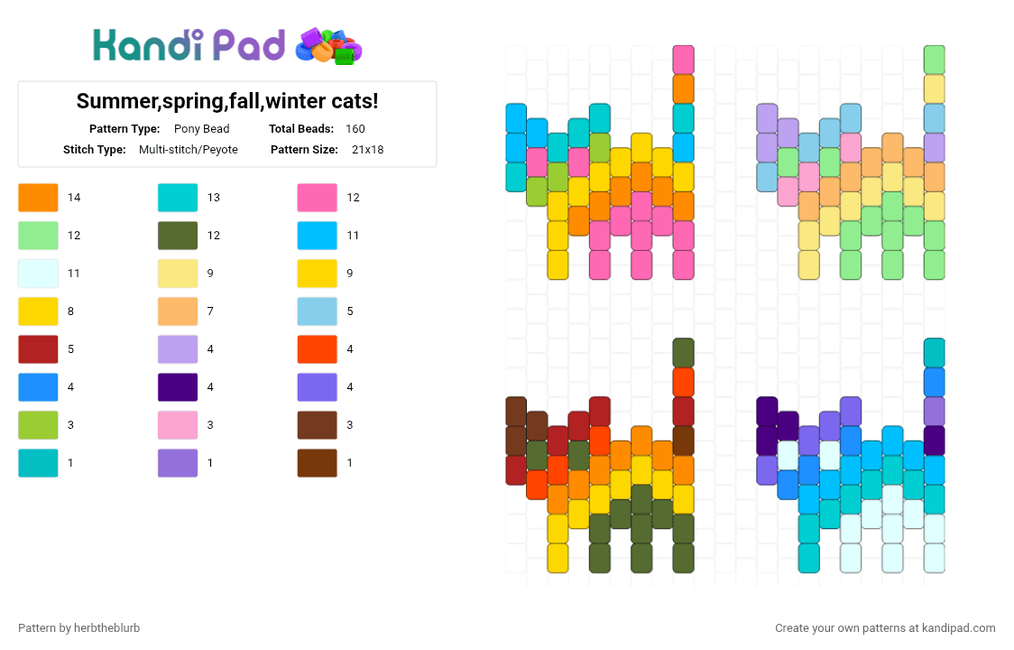 Summer,spring,fall,winter cats! - Pony Bead Pattern by lifeisagraveandidigit on Kandi Pad - colorful, gold, teal, yellow