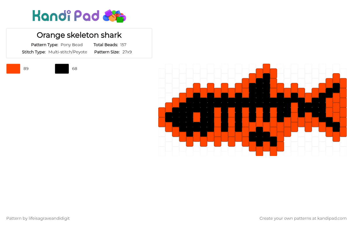 Orange skeleton shark - Pony Bead Pattern by lifeisagraveandidigit on Kandi Pad - red,black