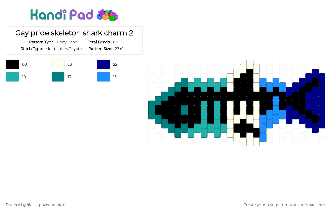 Gay pride skeleton shark charm 2 - Pony Bead Pattern by lifeisagraveandidigit on Kandi Pad - teal,purple
