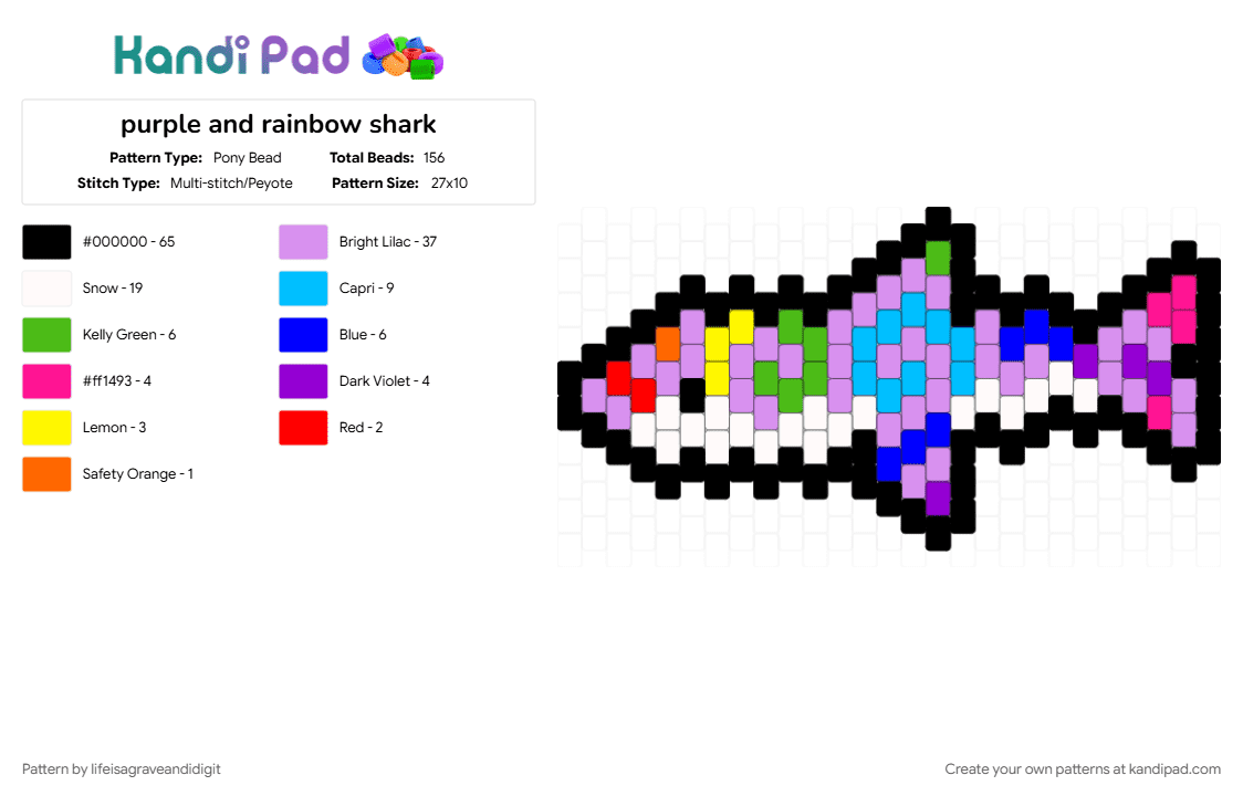 purple and rainbow shark - Pony Bead Pattern by lifeisagraveandidigit on Kandi Pad - black, pink, purple