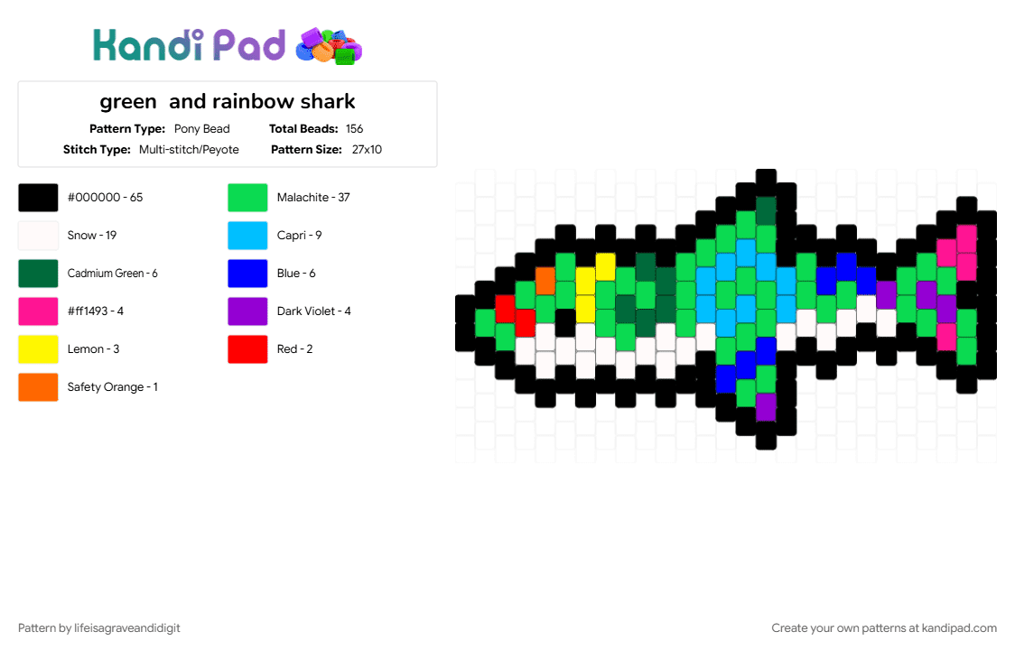 green  and rainbow shark - Pony Bead Pattern by lifeisagraveandidigit on Kandi Pad - black, light blue, purple, teal