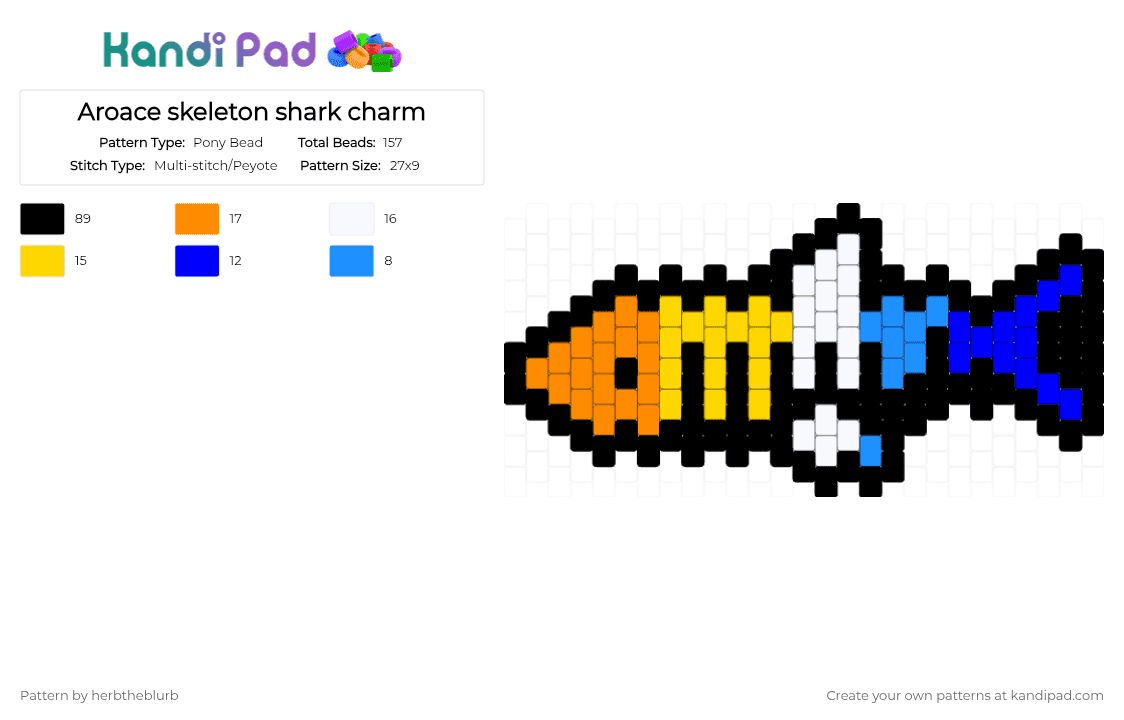 Aroace skeleton shark charm - Pony Bead Pattern by lifeisagraveandidigit on Kandi Pad - black,orange,yellow