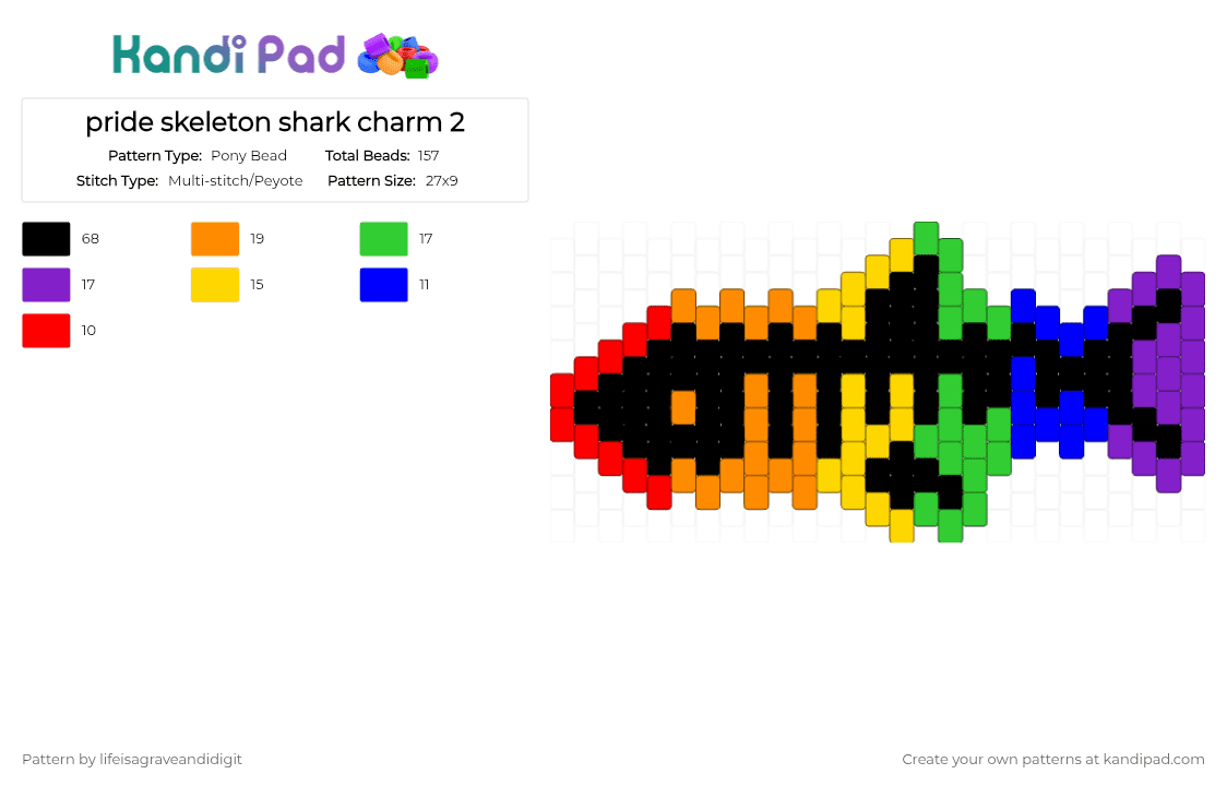 pride skeleton shark charm 2 - Pony Bead Pattern by lifeisagraveandidigit on Kandi Pad - green, orange, purple