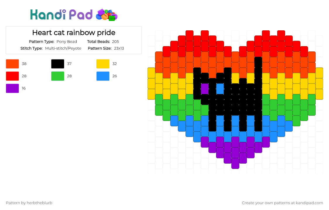 Heart cat rainbow pride - Pony Bead Pattern by lifeisagraveandidigit on Kandi Pad - red,yellow