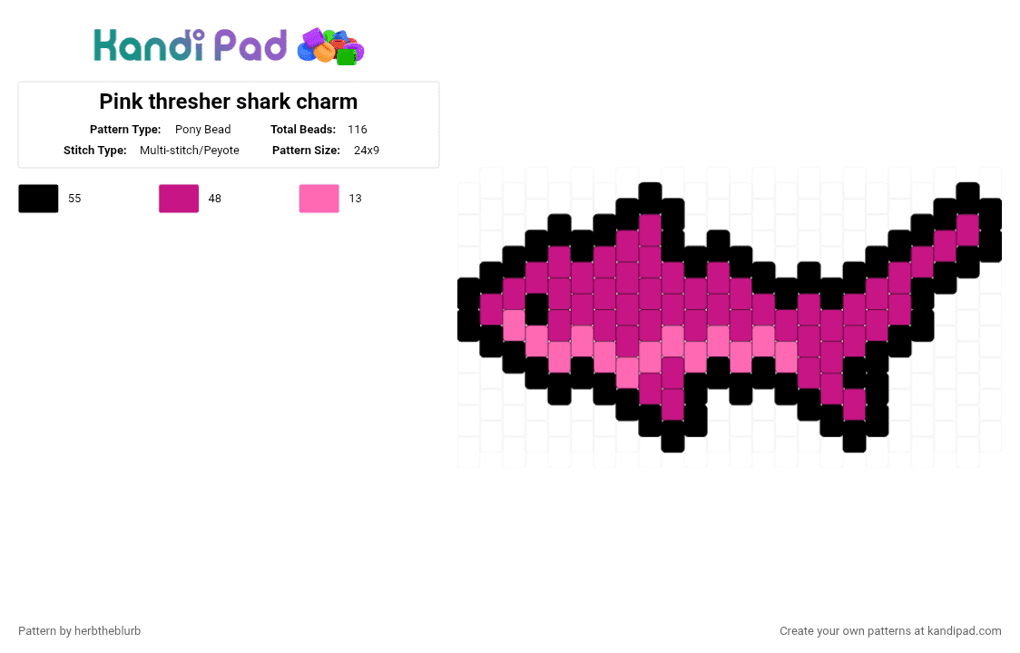Pink thresher shark charm - Pony Bead Pattern by lifeisagraveandidigit on Kandi Pad - black,pink