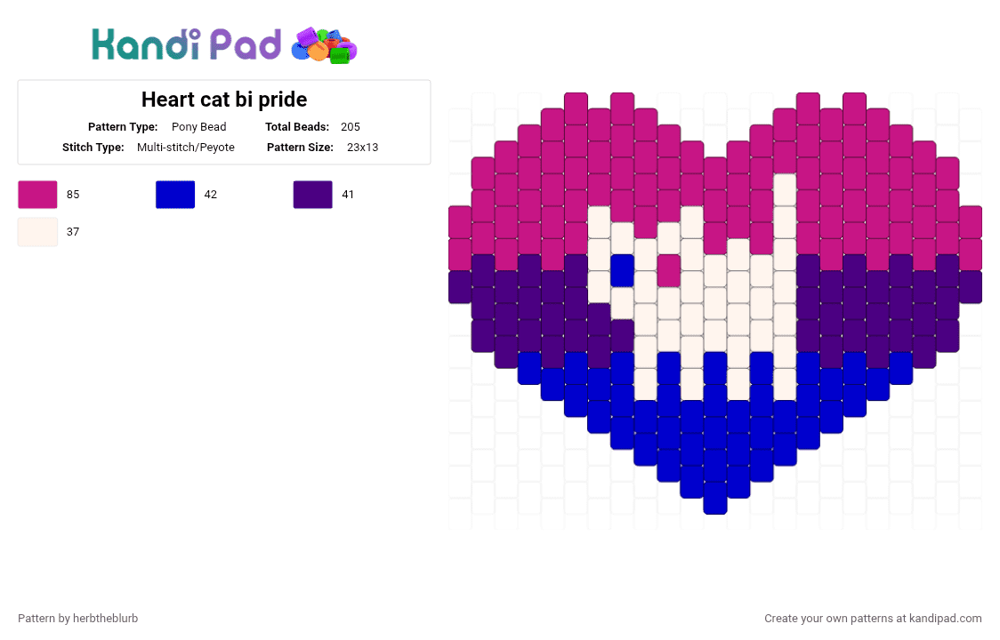 Heart cat bi pride - Pony Bead Pattern by lifeisagraveandidigit on Kandi Pad - pink,purple