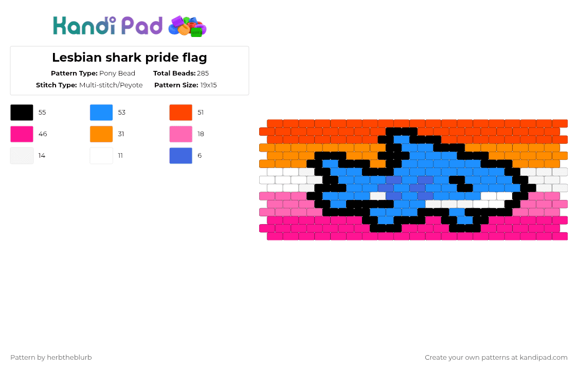 Lesbian shark pride flag - Pony Bead Pattern by lifeisagraveandidigit on Kandi Pad - red,light blue,pink