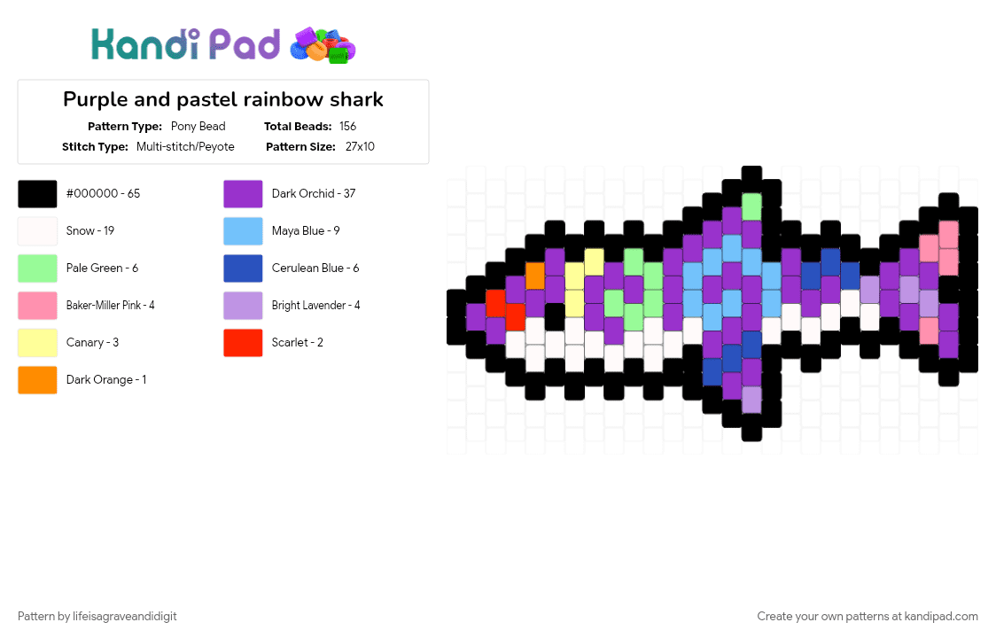 Purple and pastel rainbow shark - Pony Bead Pattern by lifeisagraveandidigit on Kandi Pad - black, light blue, pink, purple