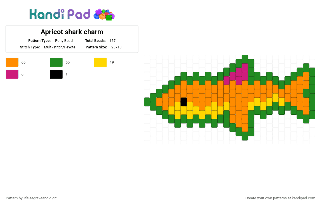 Apricot shark charm - Pony Bead Pattern by lifeisagraveandidigit on Kandi Pad - green,orange