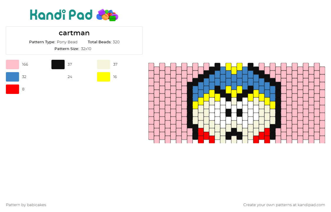 cartman - Pony Bead Pattern by babicakes on Kandi Pad - cartman,south park,cuff,iconic,humor,satire,television,animated,pink,red