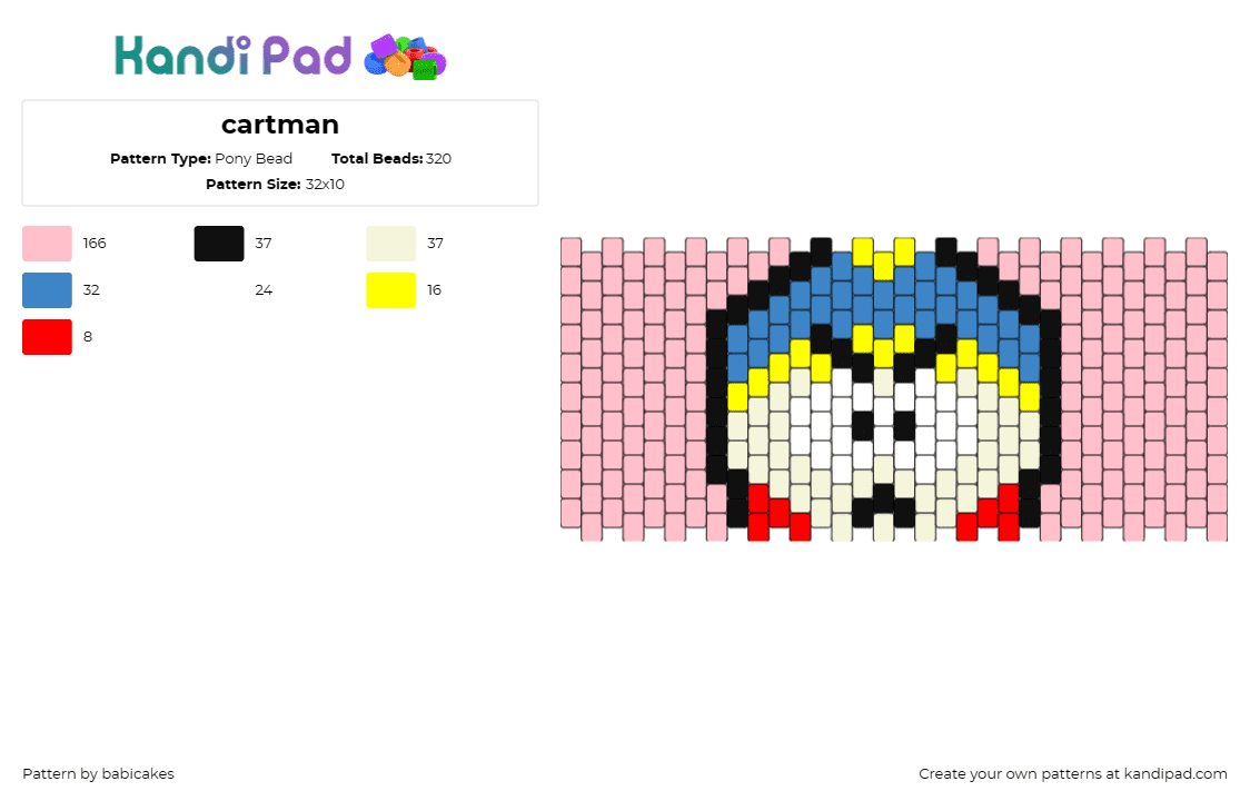 cartman - Pony Bead Pattern by babicakes on Kandi Pad - cartman,south park,cuff,humor,satire,television,animated,pink,red