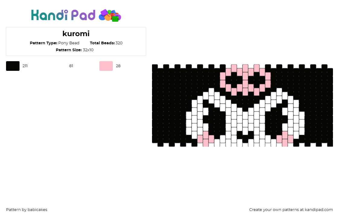 kuromi - Pony Bead Pattern by babicakes on Kandi Pad - kuromi,sanrio,kawaii,face,cuff,black,white,pink