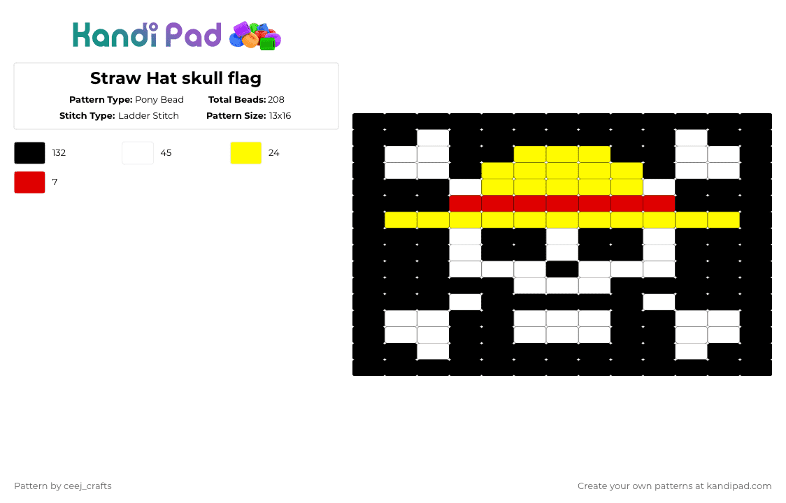Straw Hat skull flag - Pony Bead Pattern by ceej_crafts on Kandi Pad - black,white,yellow,straw hat,one piece,skull,pirate flag