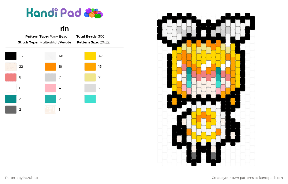 rin - Pony Bead Pattern by kazuhito on Kandi Pad - white,yellow,orange