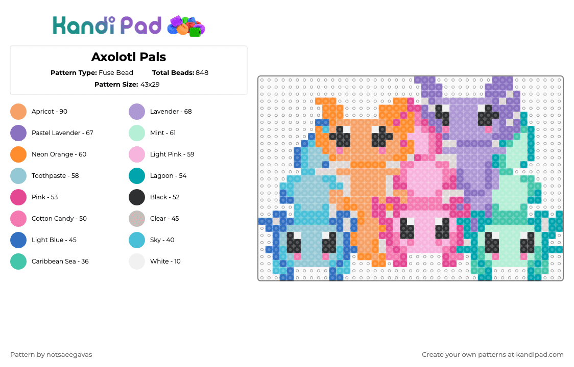 Axolotl Pals - Fuse Bead Pattern by savage_pixel_beads on Kandi Pad - creature,colorful,pink,light blue,orange,axolotl,cute,animal,aquatic,cotdaxolotls