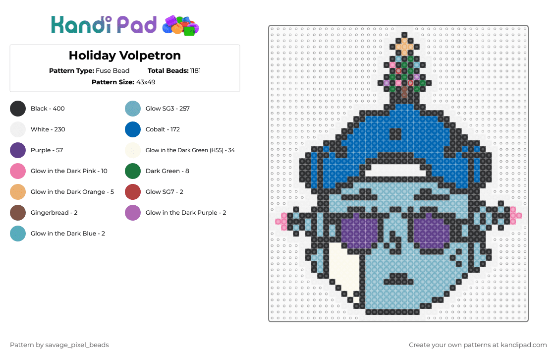 Holiday Volpetron - Fuse Bead Pattern by savage_pixel_beads on Kandi Pad - light blue,blue,purple,christmas,holidays,ray volpe,dubstep,dj,rave,tree