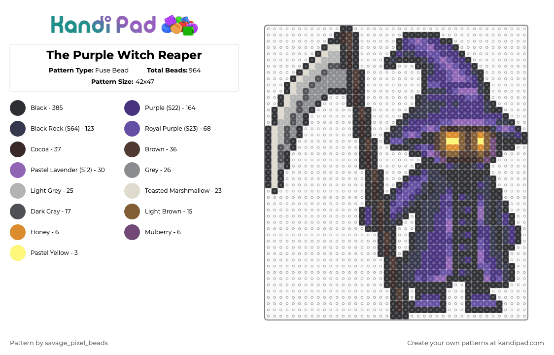 The Purple Witch Reaper - Fuse Bead Pattern by savage_pixel_beads on Kandi Pad - brown,purple,scythe,spooky,creepy,halloween,reaper,witch