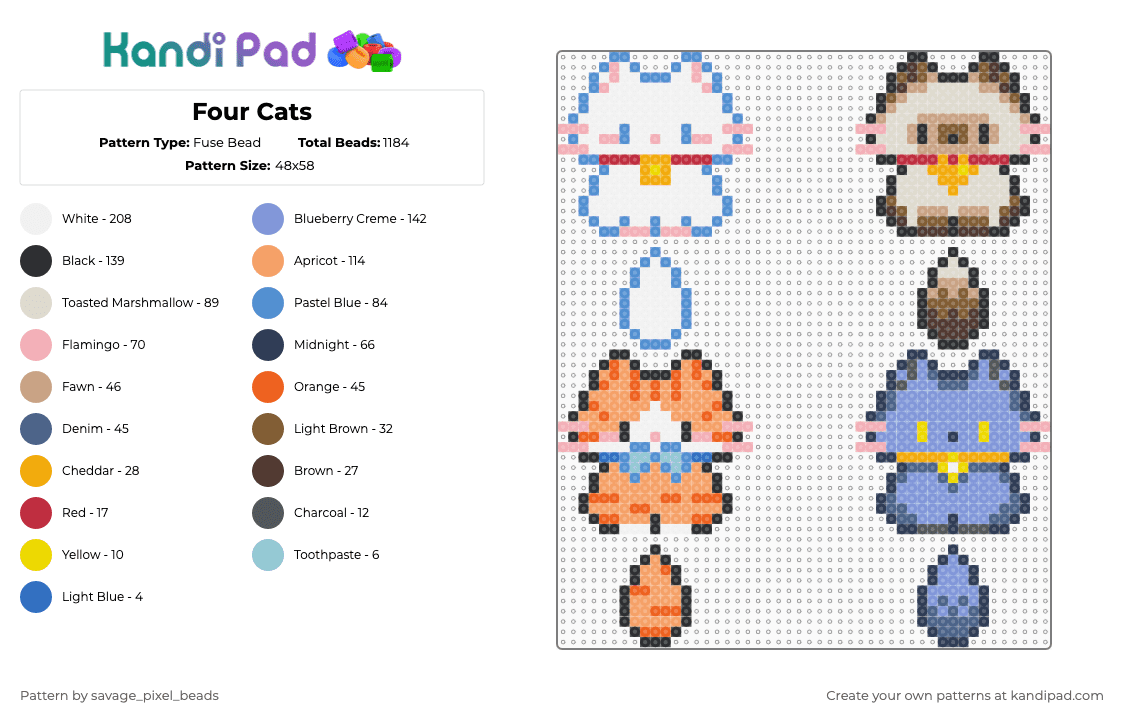 Four Cats - Fuse Bead Pattern by savage_pixel_beads on Kandi Pad - cat,animal,beige,orange,light blue,kitty,kitten,pet,cute,fluffy