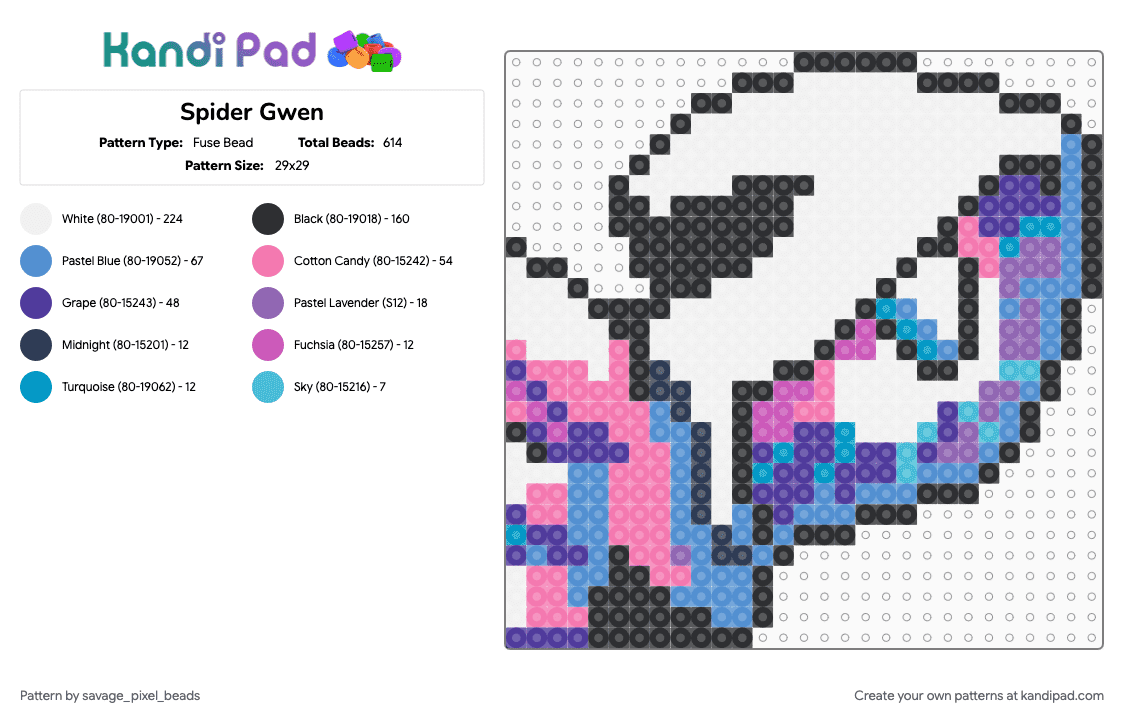 Spider Gwen - Fuse Bead Pattern by savage_pixel_beads on Kandi Pad - character, comic, gwen stacy, light blue, marvel, pink, spiderman, superhero