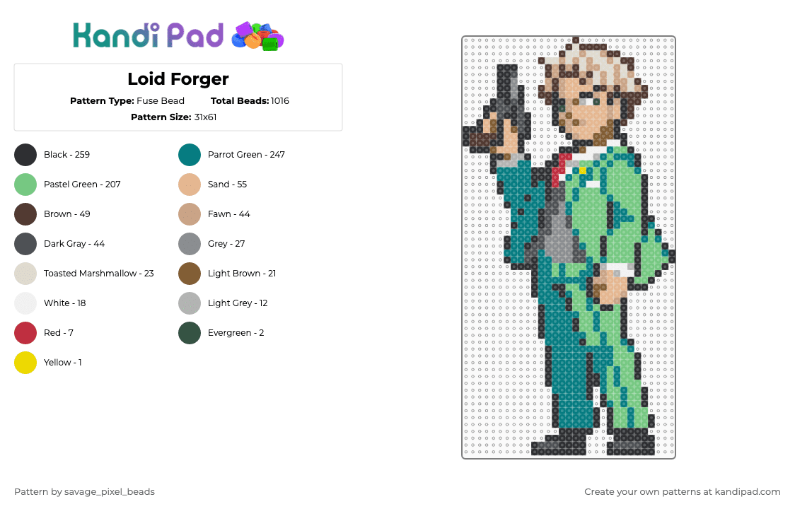 Loid Forger - Fuse Bead Pattern by savage_pixel_beads on Kandi Pad - beige,teal,anime,character,spy x family,dad,spy,funny