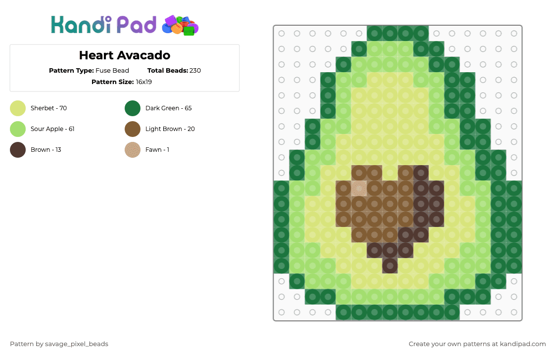 Heart Avacado - Fuse Bead Pattern by savage_pixel_beads on Kandi Pad - fruit,heart,plant,healthy,food,love,green,yellow,avacado,brown,cute
