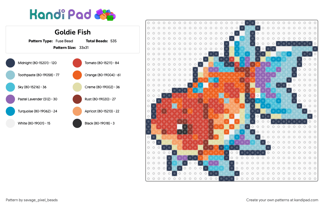 Goldie Fish - Fuse Bead Pattern by savage_pixel_beads on Kandi Pad - animal, cute, fish, light blue, marine, orange, pet, purple, red