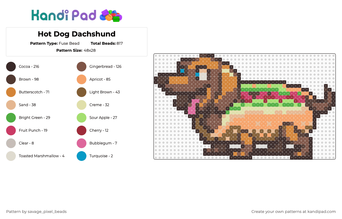 Hot Dog Dachshund - Fuse Bead Pattern by savage_pixel_beads on Kandi Pad - dachshund,hot dog,costume,cute,silly,animal,food,brown,tan,orange,weiner dog,dog,happy,pet,puppy