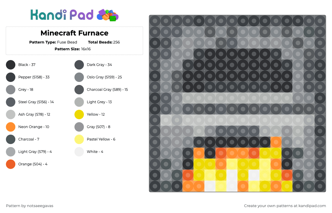 Minecraft Furnace - Fuse Bead Pattern by savage_pixel_beads on Kandi Pad - gray,minecraft,furnace,video game,smelter