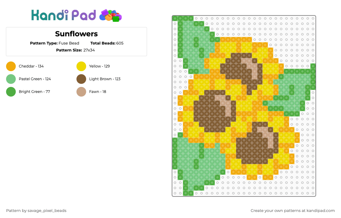 Sunflowers - Fuse Bead Pattern by savage_pixel_beads on Kandi Pad - sunflowers,flower,plant,nature,garden,orange,teal,tan,yellow,floral,pretty,summer,petals,leaves