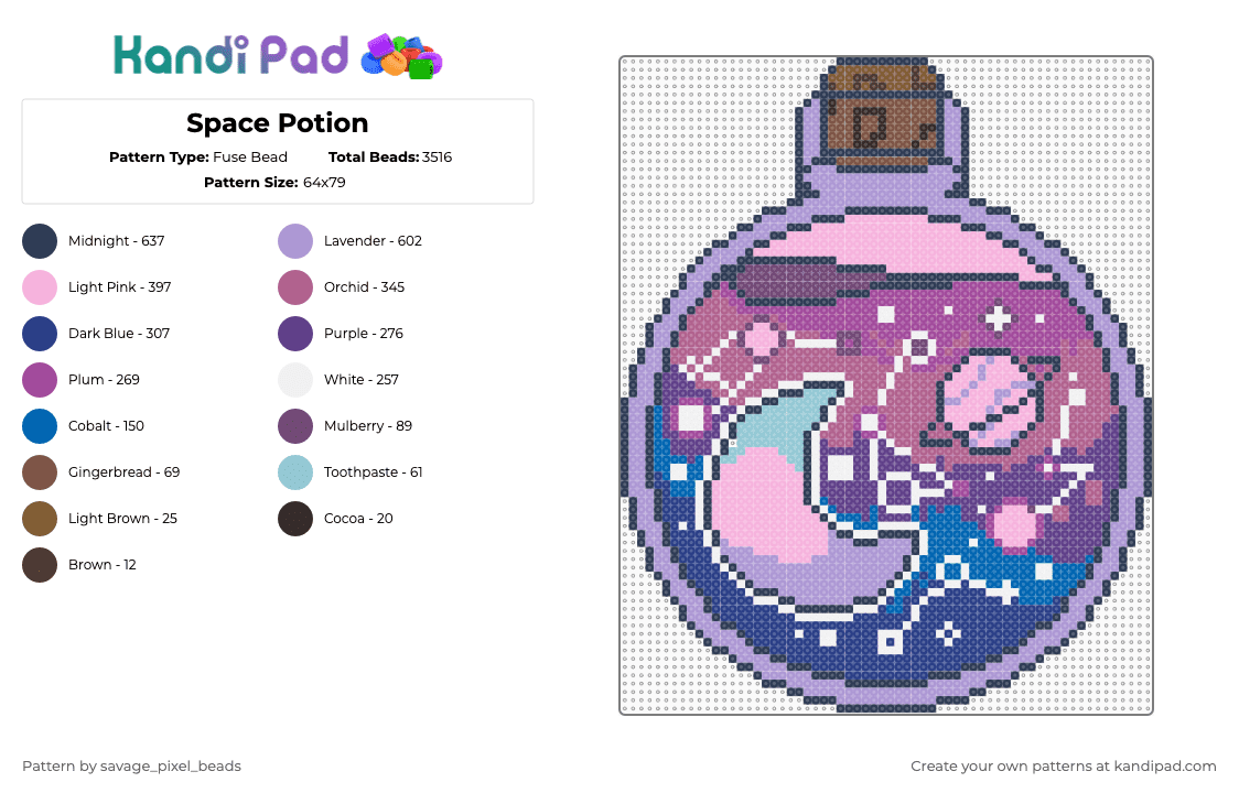 Space Potion - Fuse Bead Pattern by savage_pixel_beads on Kandi Pad - science fiction,scifi,purple,pink,bottle,space,potion,planet,moon,star,fantasy