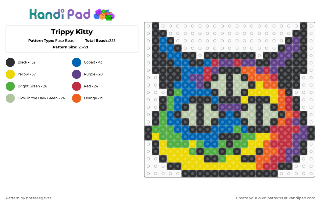 Trippy Kitty - Fuse Bead Pattern by savage_pixel_beads on Kandi Pad - psychedelic,colorful,animal,black,green,purple,kitty,trippy,cat,rainbow