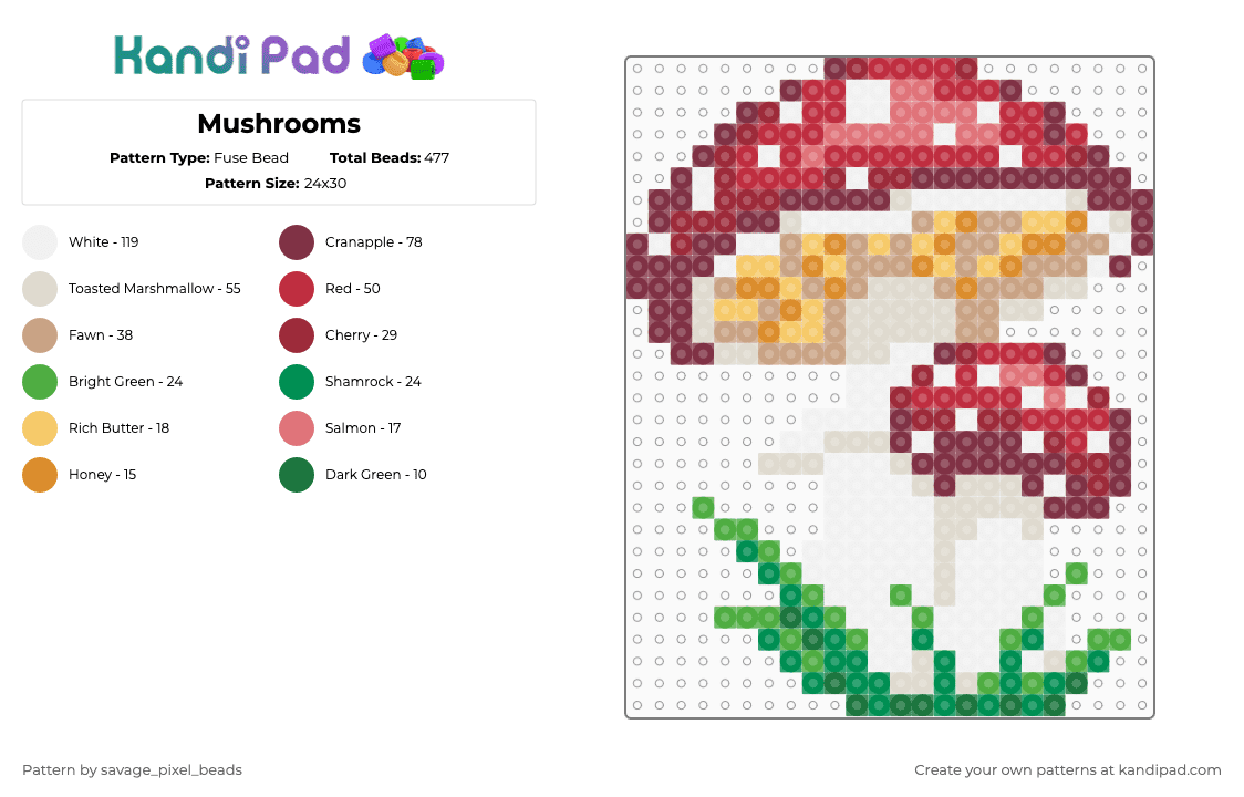 Mushrooms - Fuse Bead Pattern by savage_pixel_beads on Kandi Pad - brown,red,beige,green,mushroom,food,cute,fairy tale,garden