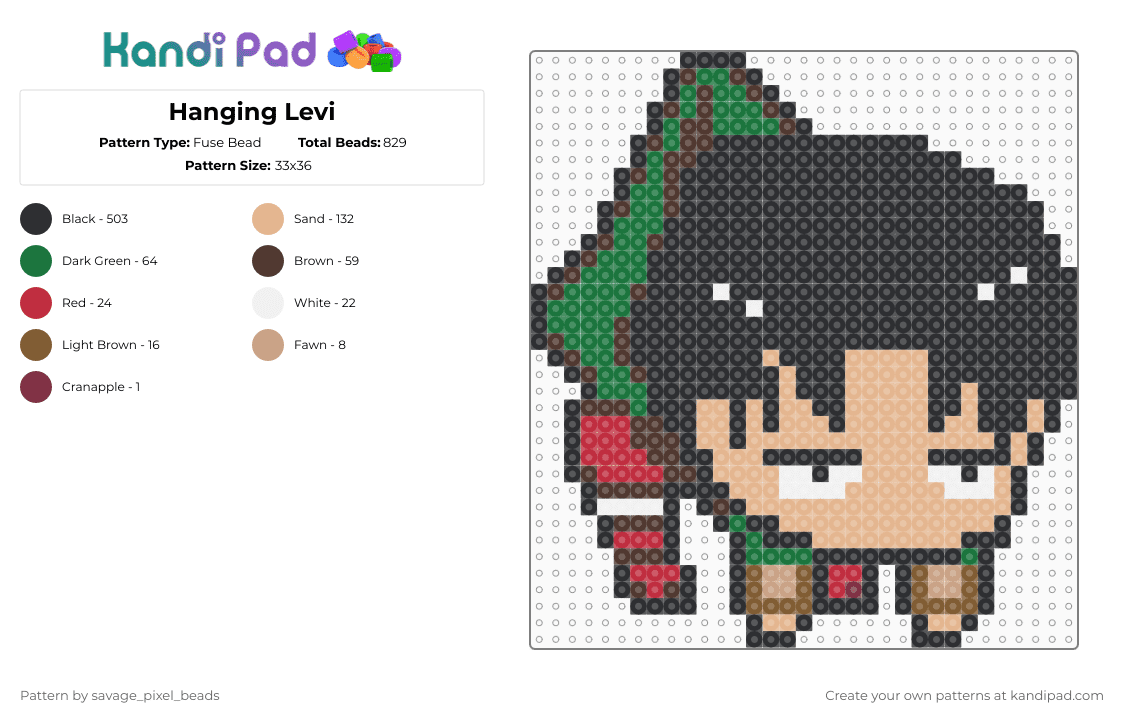 Hanging Levi - Fuse Bead Pattern by savage_pixel_beads on Kandi Pad - black,beige,brown,green,aot,attack on titan,anime,character,titan,funny