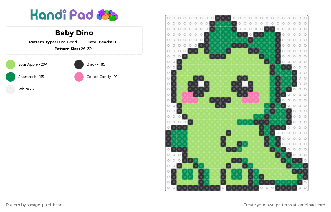 Baby Dino - Fuse Bead Pattern by savage_pixel_beads on Kandi Pad - green,dinosaur,cute,animal,baby,happy