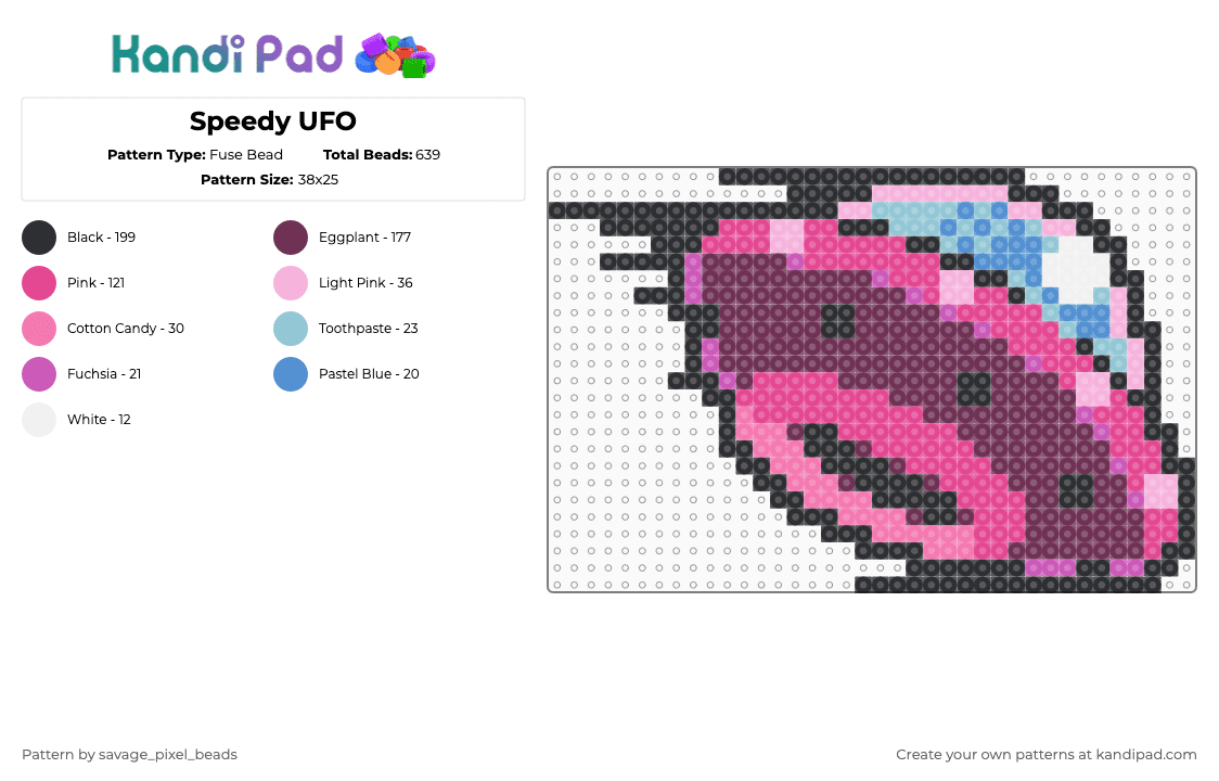 Speedy UFO - Fuse Bead Pattern by savage_pixel_beads on Kandi Pad - ufo,spaceship,science fiction,scifi,pink,alien,space,fast,galaxy,universe,stars,warp speed