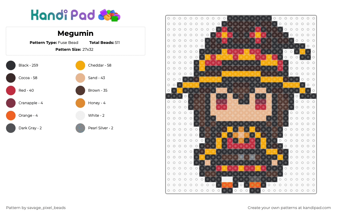 Megumin - Fuse Bead Pattern by savage_pixel_beads on Kandi Pad - black,orange,brown,isekai quartet,anime,chibi,manga,character,konosuba