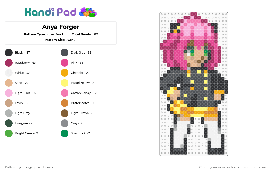 Anya Forger - Fuse Bead Pattern by savage_pixel_beads on Kandi Pad - pink,gray,anime,character,girl,daughter,spy x family