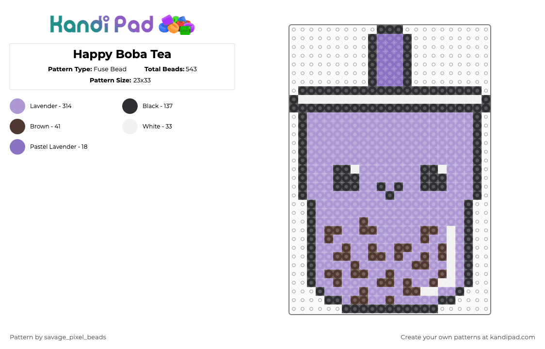 Happy Boba Tea - Fuse Bead Pattern by savage_pixel_beads on Kandi Pad - pink,bubble tea,cute,happy,food,smile,drink