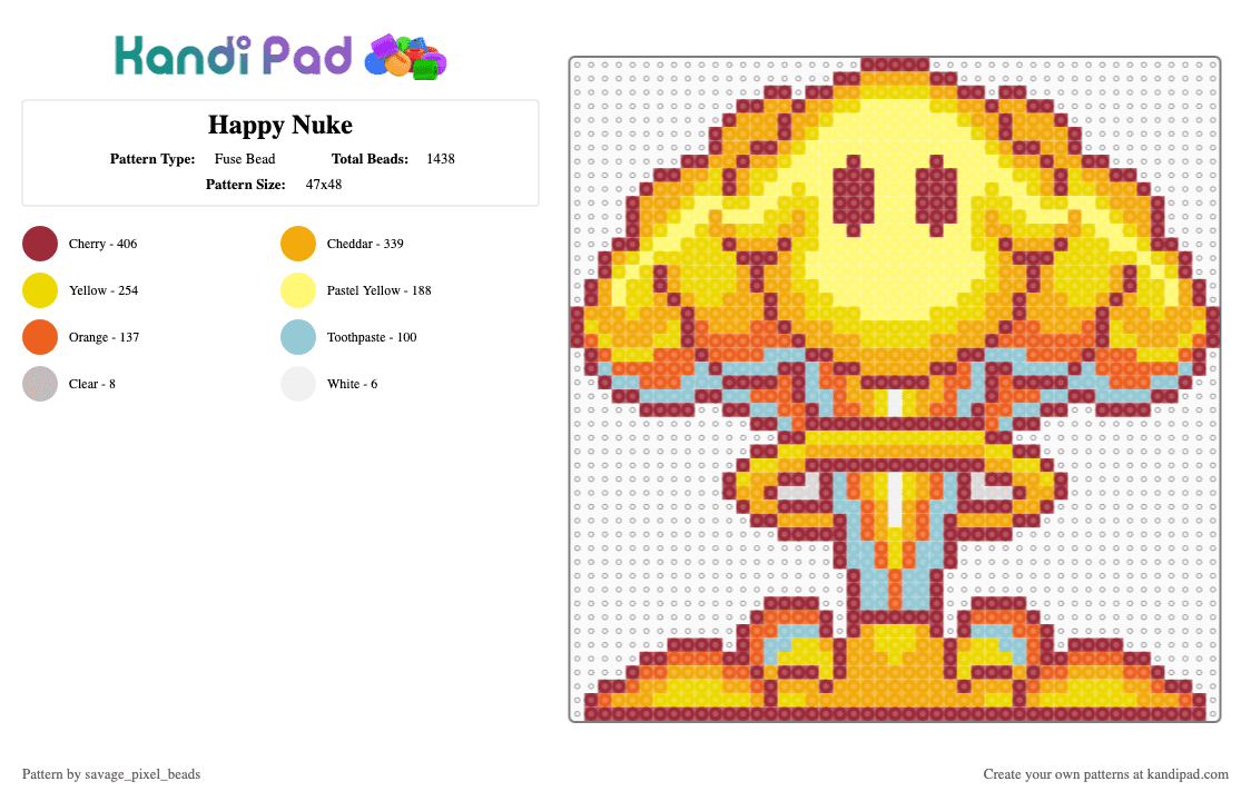 Happy Nuke - Fuse Bead Pattern by savage_pixel_beads on Kandi Pad - explosion,nuke,yellow,orange,red,bomb,mushroom cloud,smile,boom,nuclear,atomic