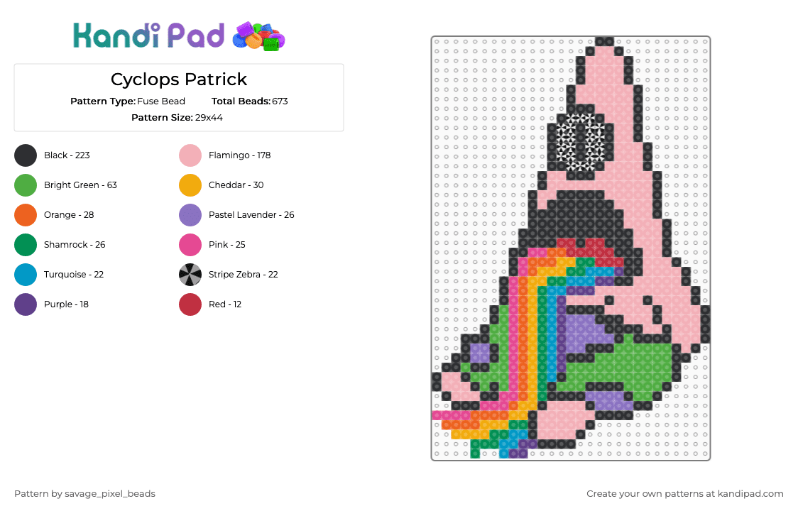 Cyclops Patrick - Fuse Bead Pattern by savage_pixel_beads on Kandi Pad - beige, cartoon, character, funny, green, orange, rainbow, spongebob, subtronics, trippy