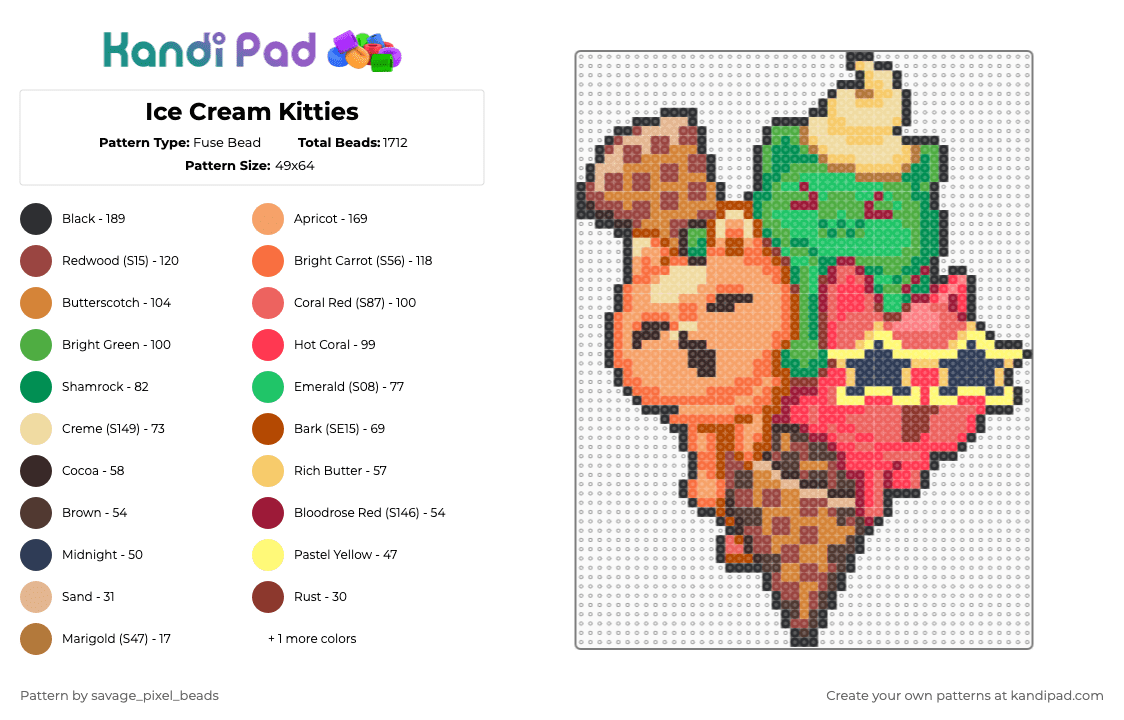 Ice Cream Kitties - Fuse Bead Pattern by savage_pixel_beads on Kandi Pad - red,orange,green,food,cute,cat,animal,cold,silly,colorful