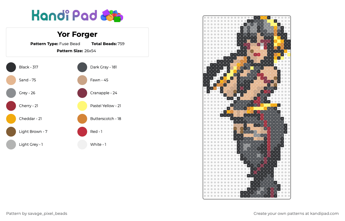 Yor Forger - Fuse Bead Pattern by savage_pixel_beads on Kandi Pad - black,gray,beige,anime,character,mom,spy x family,funny