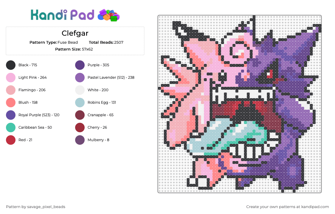 Clefgar - Fuse Bead Pattern by savage_pixel_beads on Kandi Pad - red,pink,purple,beige,pokemon,clefable,gengar,mashup