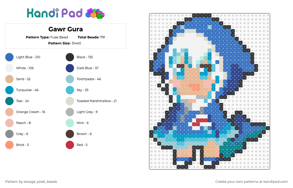 Gawr Gura - Fuse Bead Pattern by savage_pixel_beads on Kandi Pad - beige,blue,light blue,vtuber,hololive,anime,cute,shark,girl,character